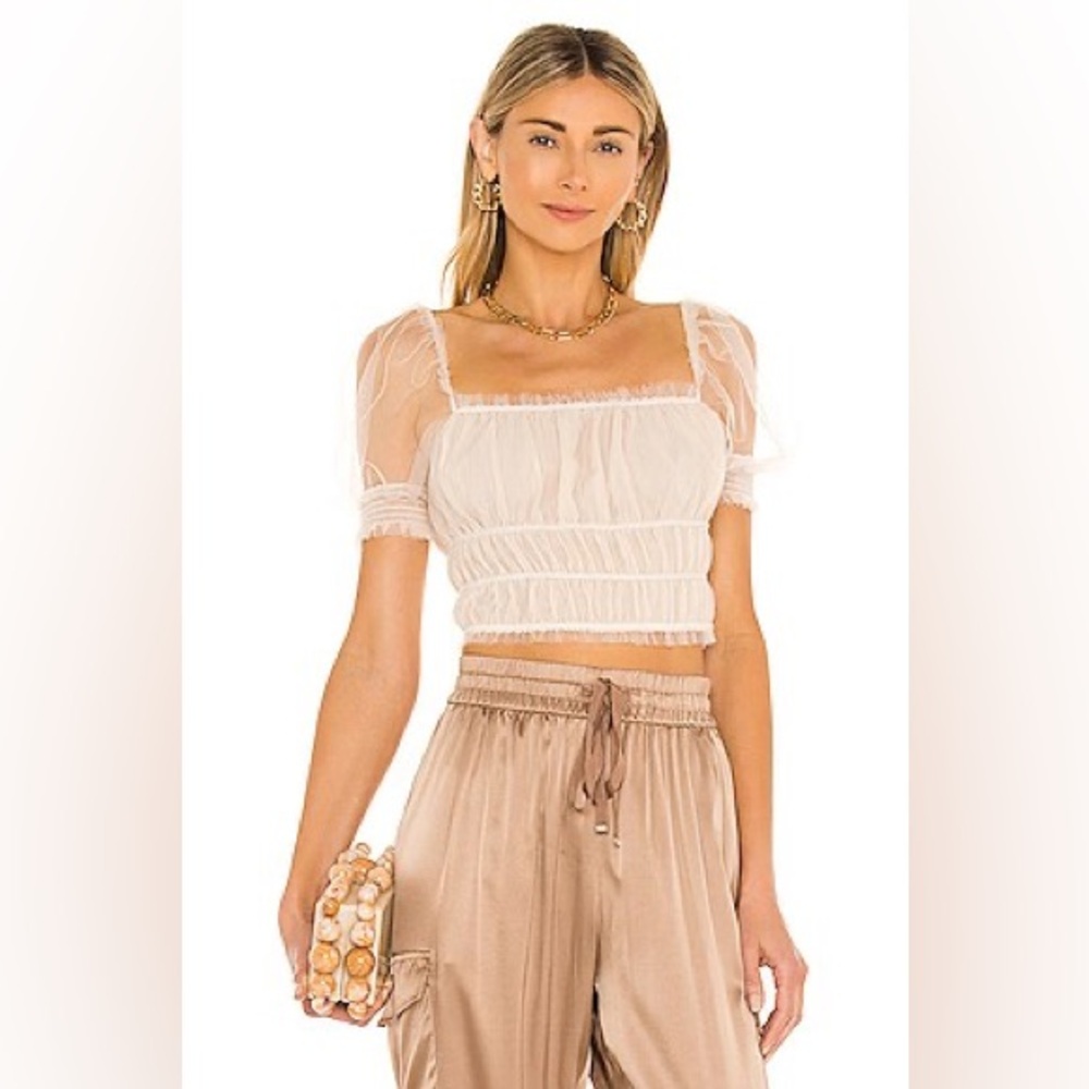 Alice + Olivia Sheer White Puff Sleeve Blouse